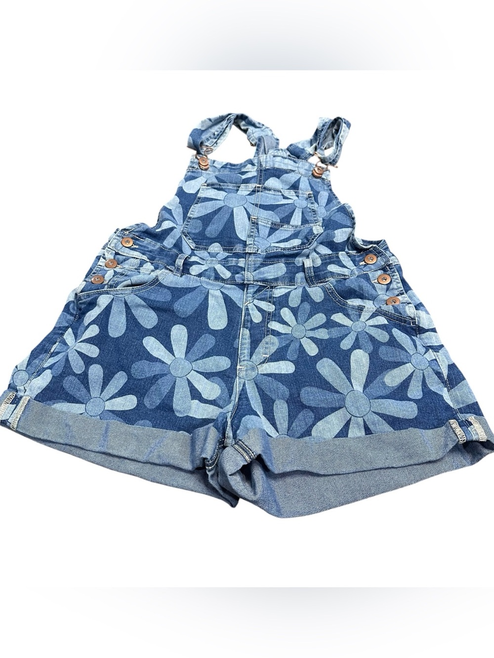 Women’s Floral Denim Shortalls No Boundaries Medium (7–9) Blue Daisy stretchy